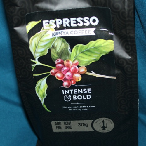Close-up of Dormans Espresso Kenya Coffee package showing intense and bold flavor profile