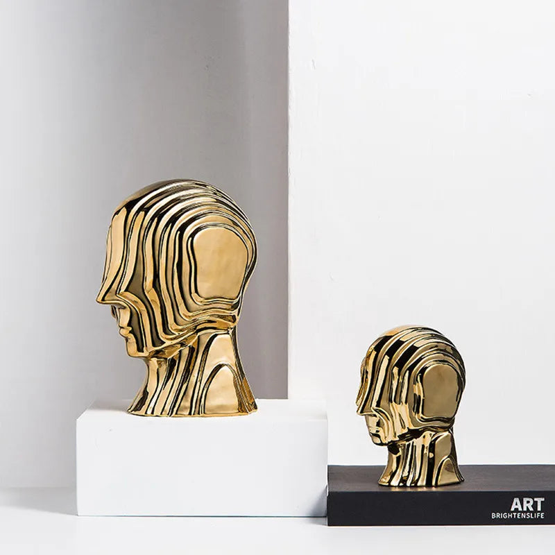 DecorBites™ Geometric Ceramic Head Sculpture | Golden Alien Figurine