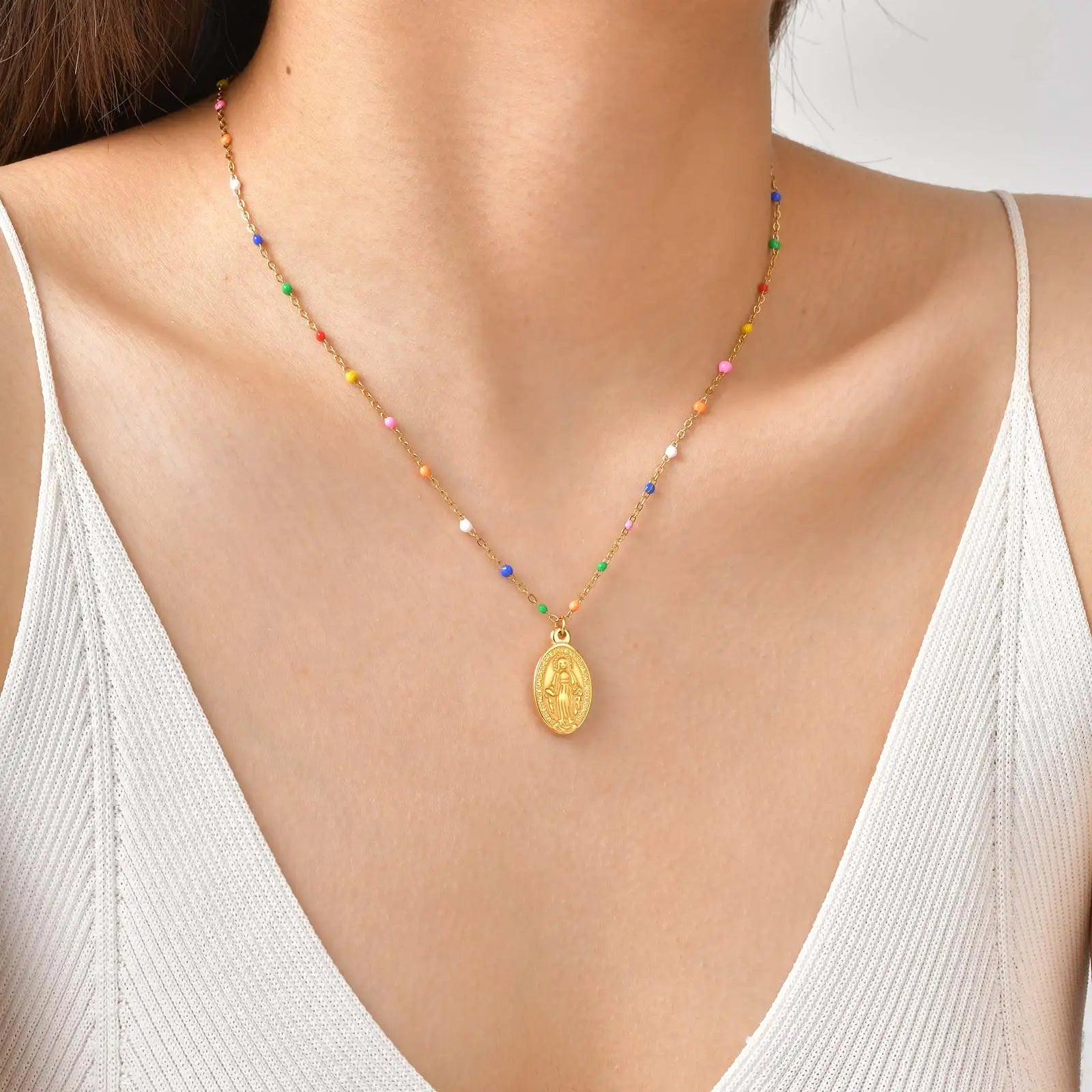 Bohemian Colored Virgin Oval Necklace | Gold Plated Stainless Steel Rosary Chain
