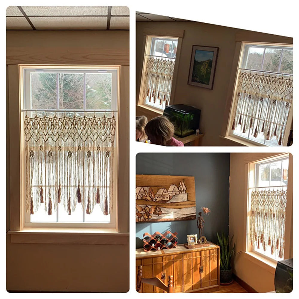DecorBites™ Handwoven Macrame Window Curtain Tapestry with Tassels