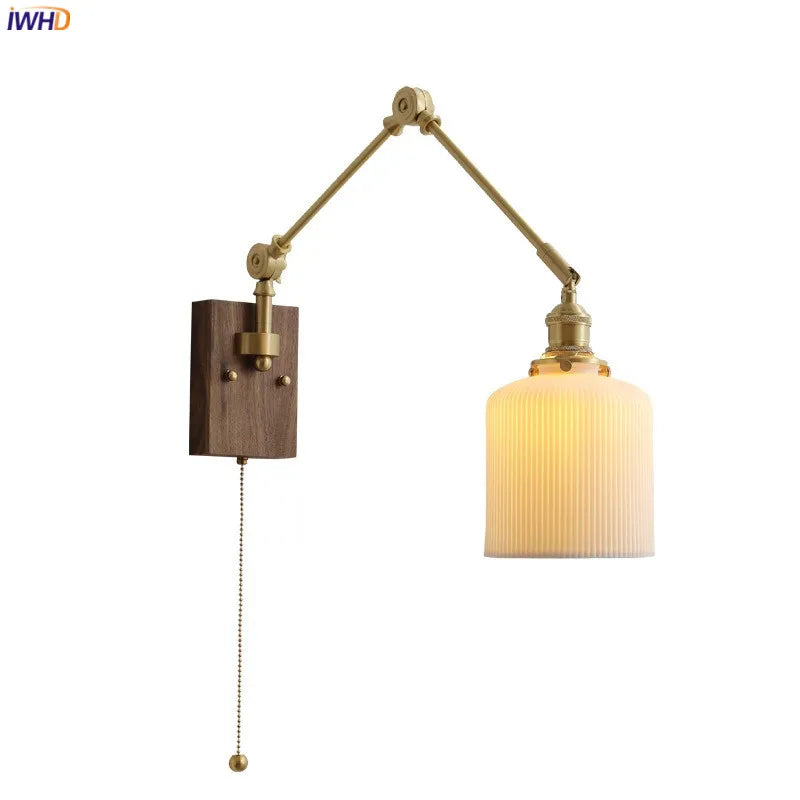 DecorBites™ Copper Swing Arm LED Wall Sconce Pull Chain Switch Rotate Walnut Canopy