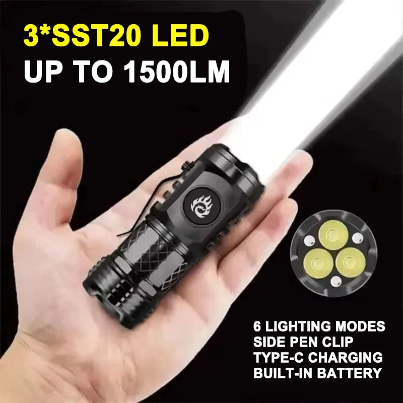 Mini Tactical Torch Super Bright 3 LED Flashlight | Type-C Rechargeable Camping Light