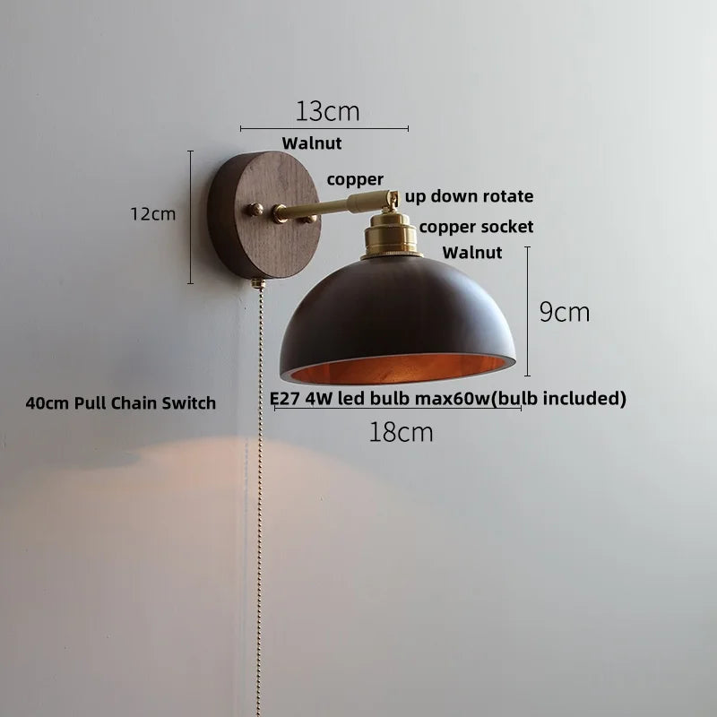 DecorBites™ Copper Lampshade LED Wall Sconce Pull Chain Switch Nordic Modern Walnut Wood Mirror Light