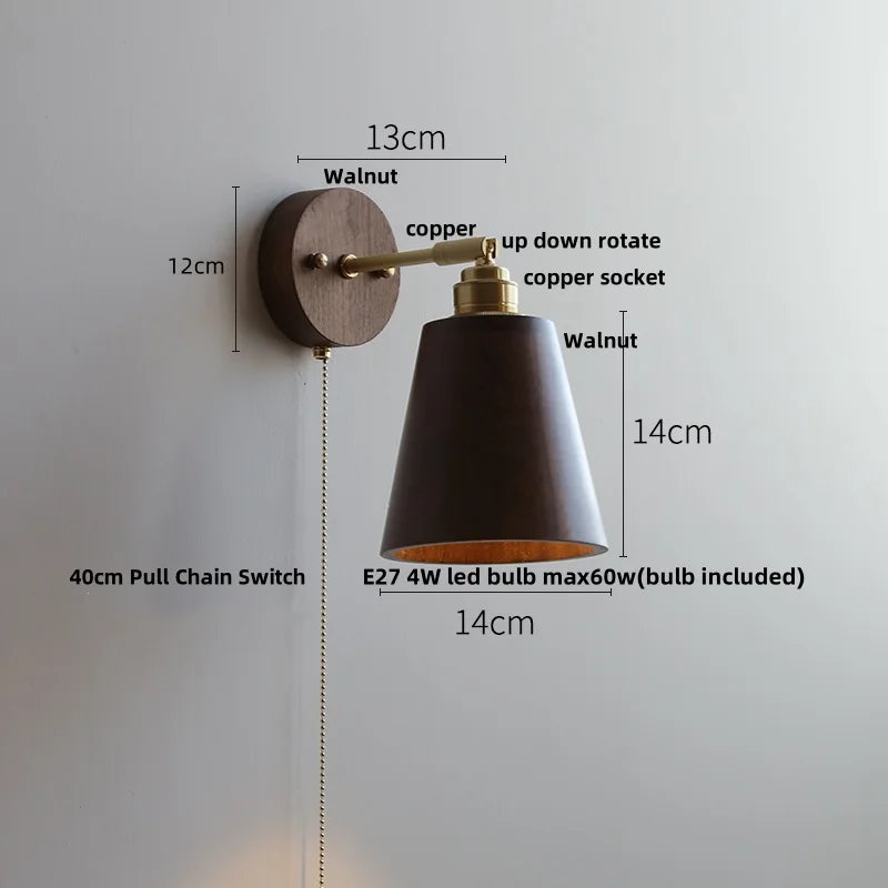 DecorBites™ Copper Lampshade LED Wall Sconce Pull Chain Switch Nordic Modern Walnut Wood Mirror Light