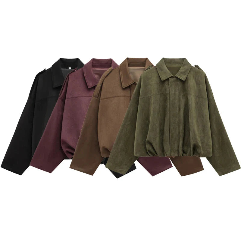 Women’s Suede Bomber Jacket – Cropped Racing Style