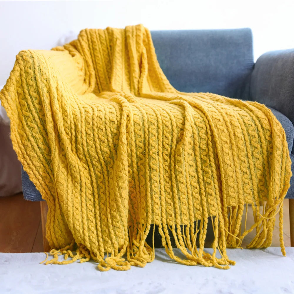 DecorBites™ Geometric Knit Sofa Blanket with Tassels