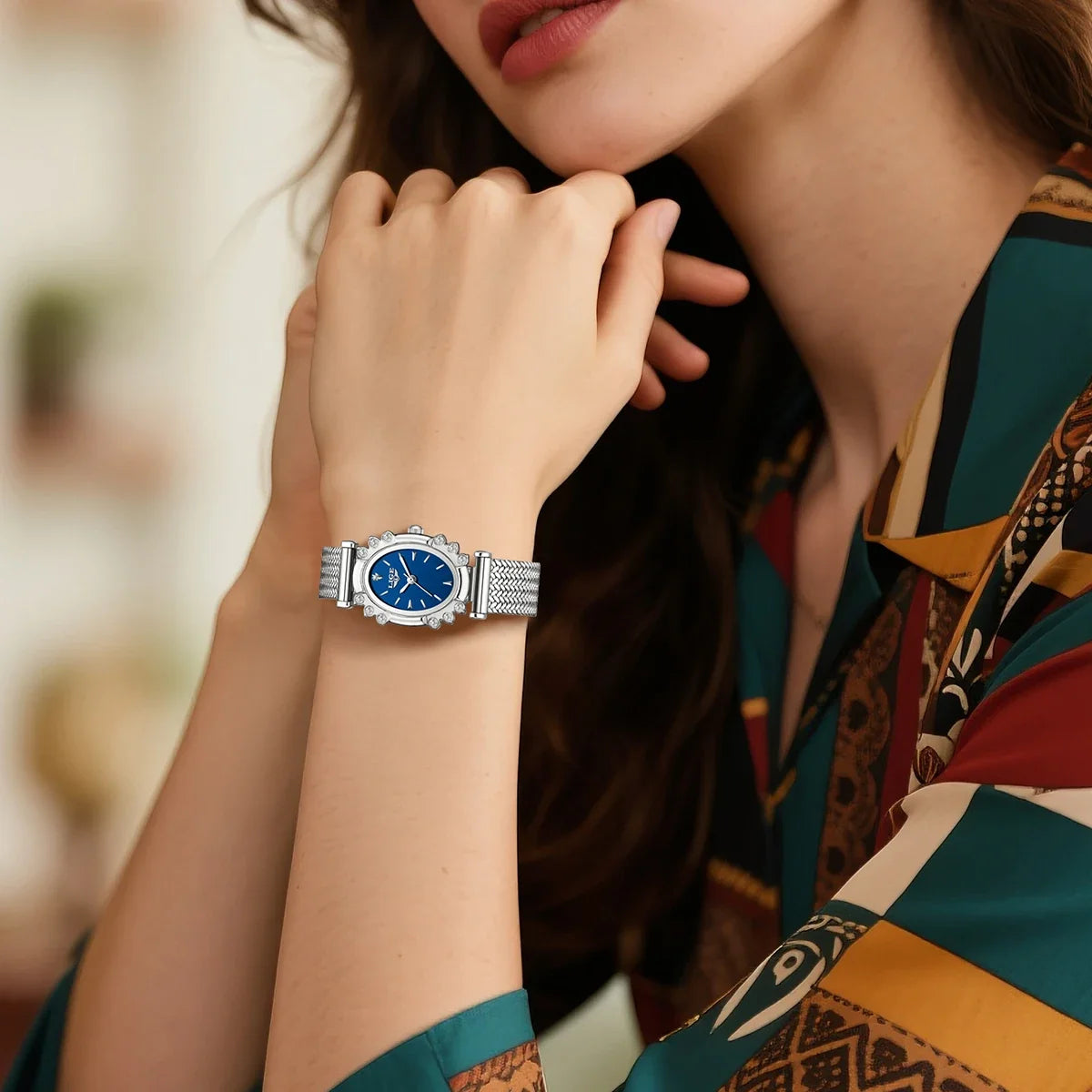 Women's Oval Crystal Bezel Watch, Woven Stainless Steel Bracelet