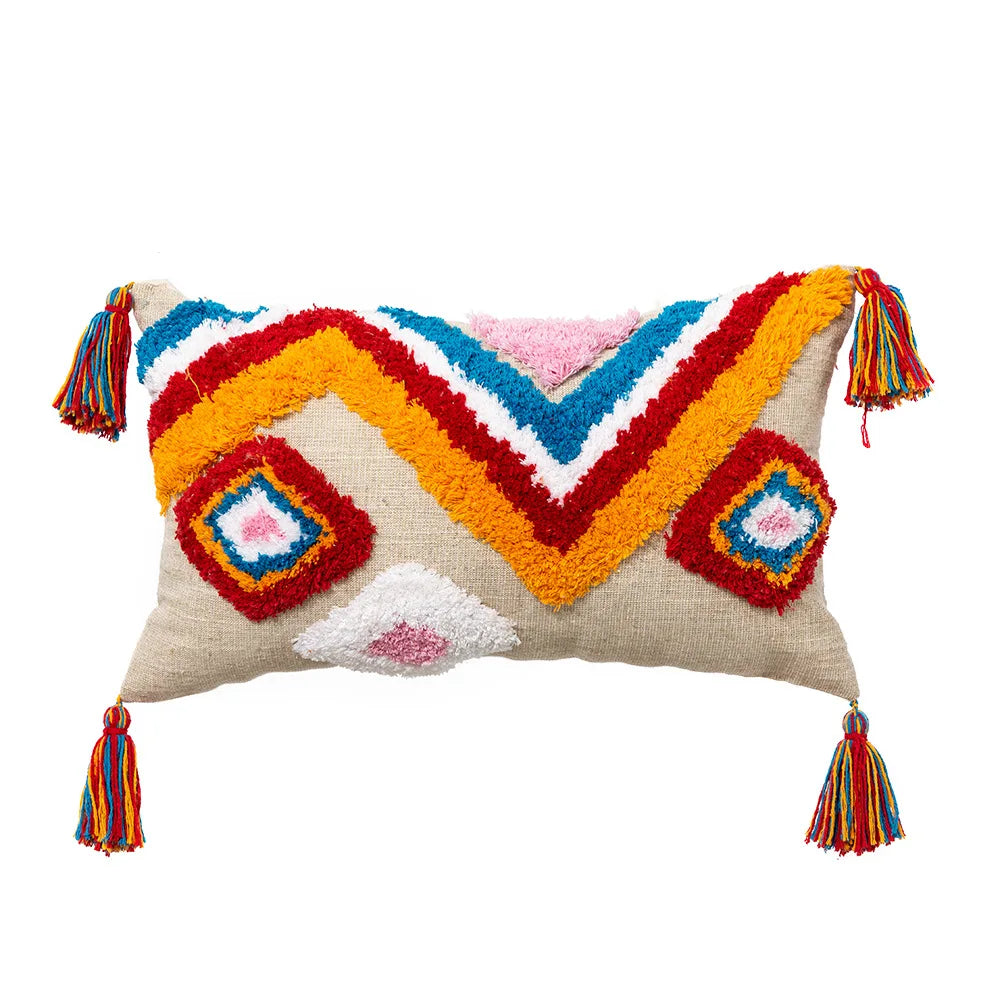 DecorBites™ Geometric Hand-Embroidered Tassel Pillowcase