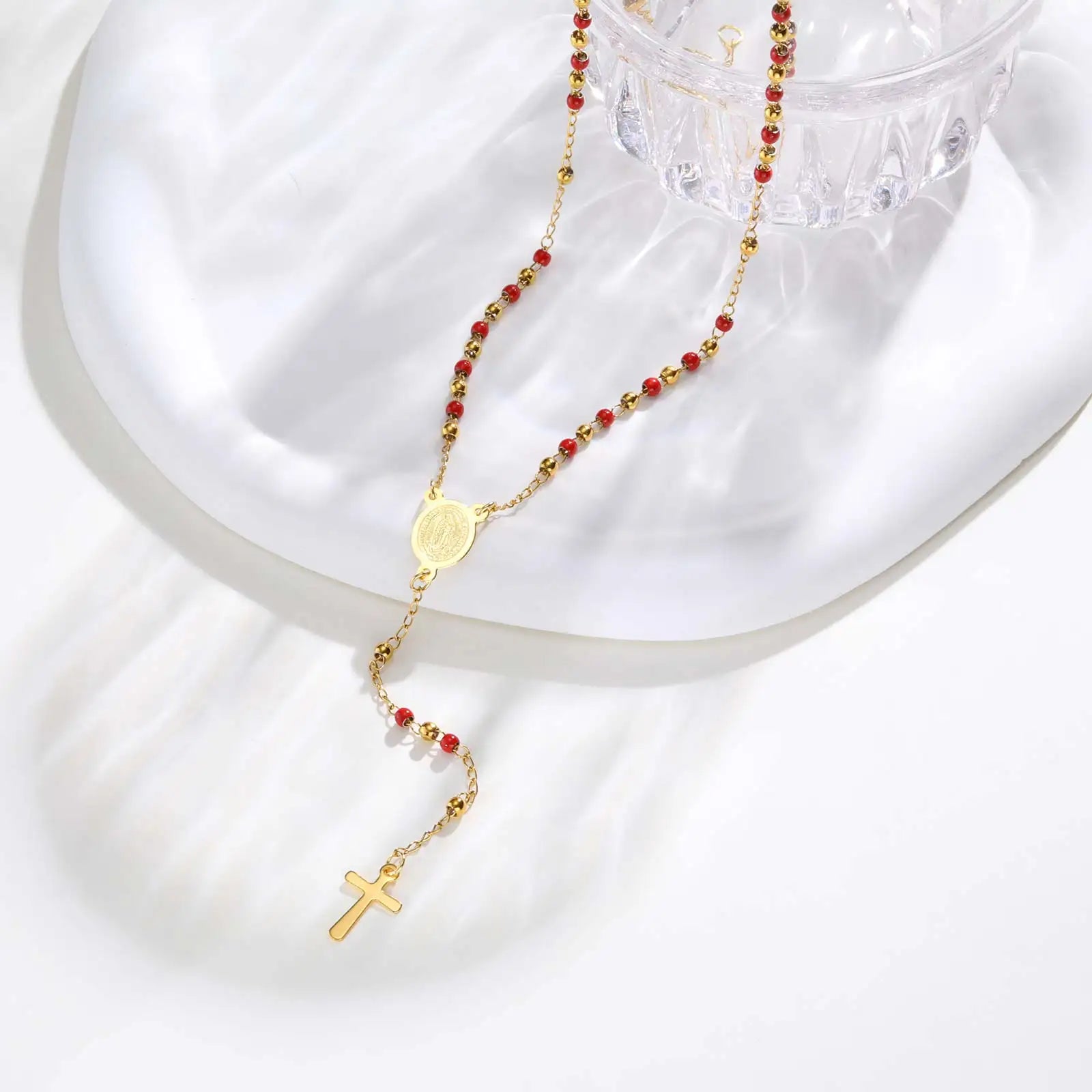 Colored Bead Y-Shaped Cross Necklace | Stainless Steel Catholic Rosary Jewelry for Women
