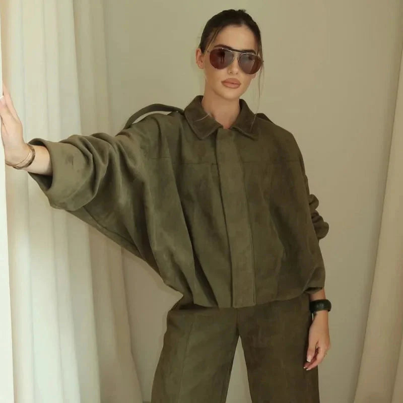 Women’s Suede Bomber Jacket – Cropped Racing Style