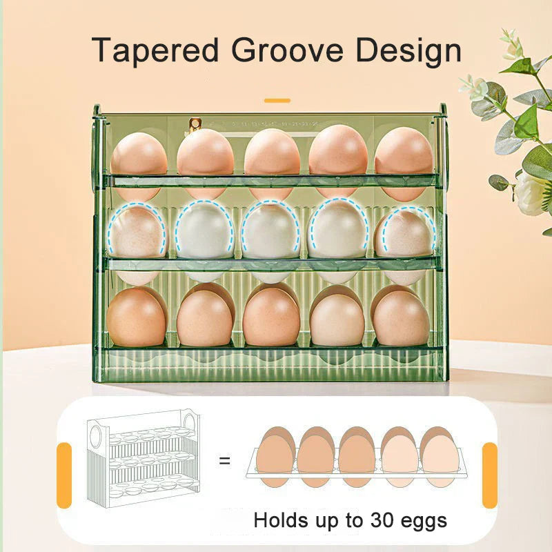 DecorBites™ 30-Grid Egg Holder Dispenser for Refrigerator: Large Capacity Auto-Flip Container
