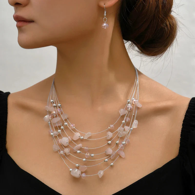 Multilayer Natural Stone Ethnic Necklace Earrings Set