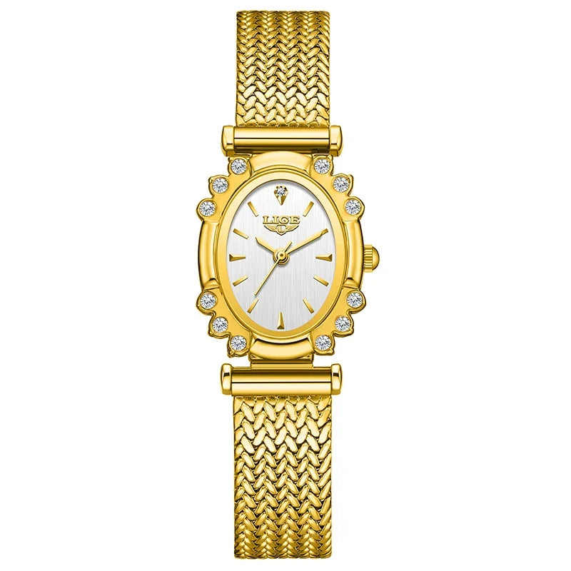 Women's Oval Crystal Bezel Watch, Woven Stainless Steel Bracelet