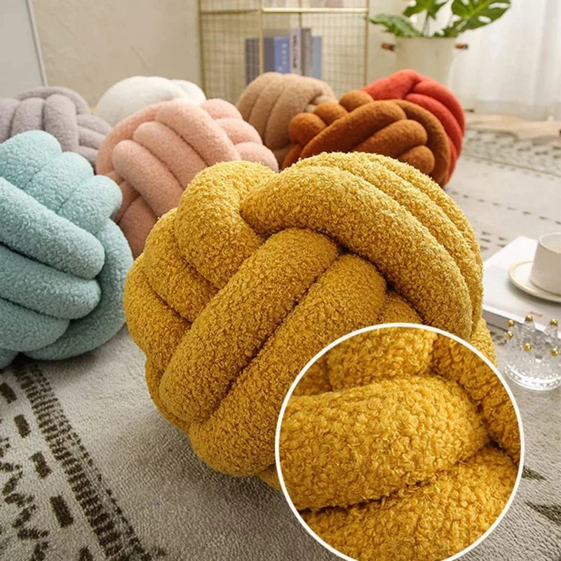 DecorBites™ Handmade Knotted Boucle Circle Plush Pillow Brown