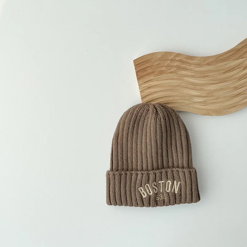 Boston Knitted Baby Hat with Letter Design | Winter Ear Protection Cap