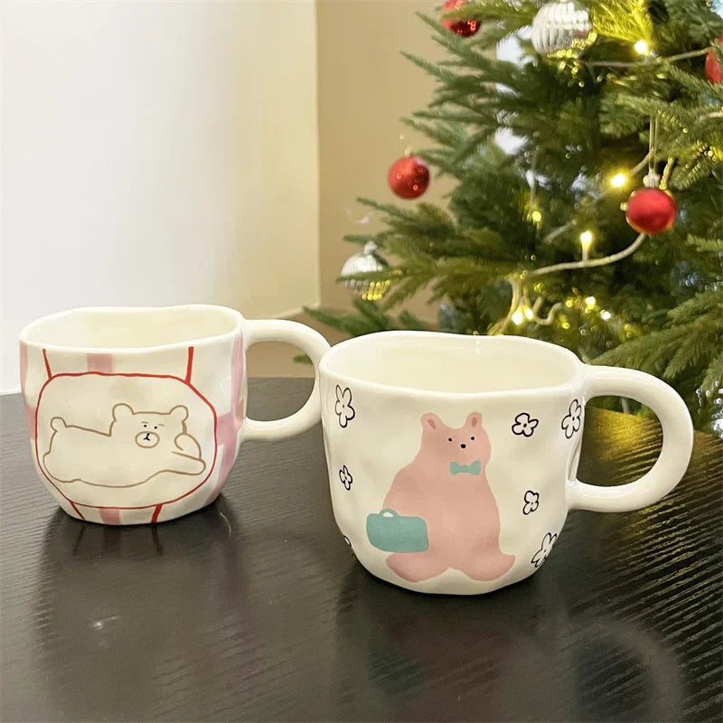DecorBites™ Irregular Ceramic Bear Mug: Handcrafted Coffee Cup for Office and Couples
