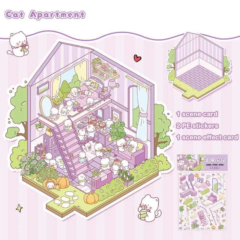 3D Simulation Cabin Stickers Set | Creative Cartoon DIY Landscape Decals for Kids