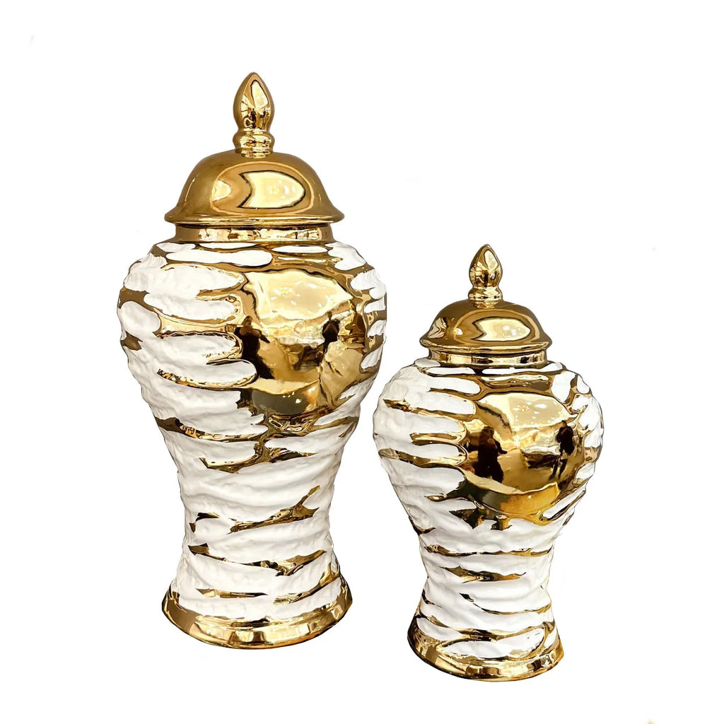 DecorBites™ Gold & White Grain Ceramic Jar: Home Decor & Storage Accessory