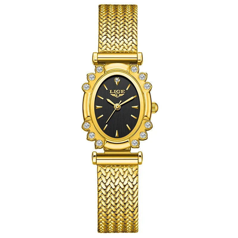 Women's Oval Crystal Bezel Watch, Woven Stainless Steel Bracelet