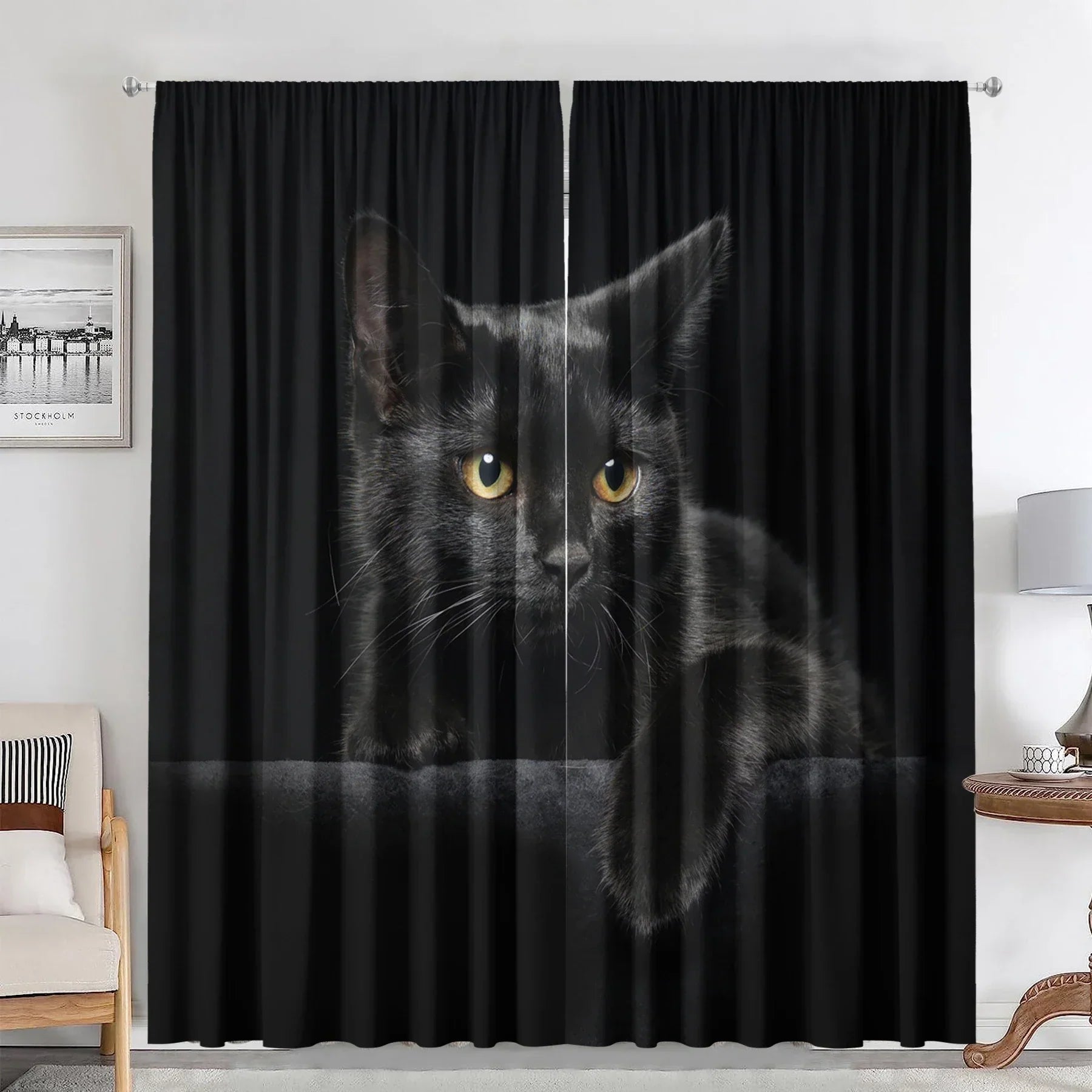 DecorBites™ Black Cat Color Owl Modern Printed Curtain Set