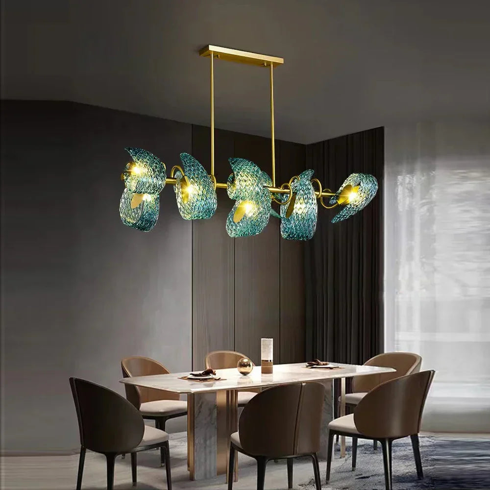 DecorBites™ Blue Glass Luxury Brass Ceiling Pendant Light - Creative Flower Design