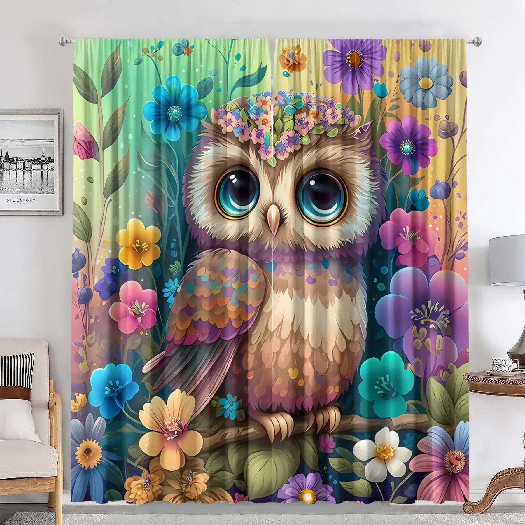 DecorBites™ Black Cat Color Owl Modern Printed Curtain Set