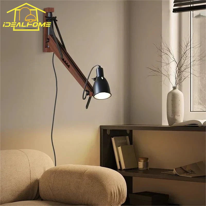 DecorBites™ LED Long Pole Swing Arm Wall Lamp, Solid Wood, Adjustable, Industrial Designer