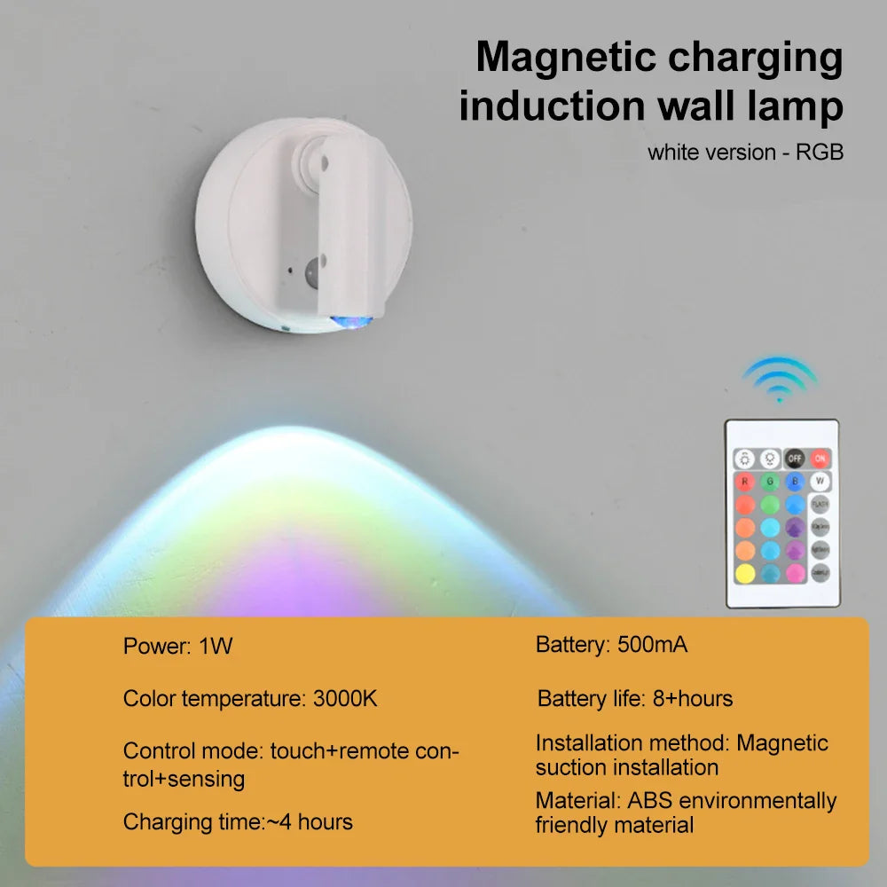 RGB Night Light with Magnetic Base | USB Rechargeable Dimmable LED Wall Lamp