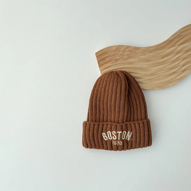 Boston Knitted Baby Hat with Letter Design | Winter Ear Protection Cap