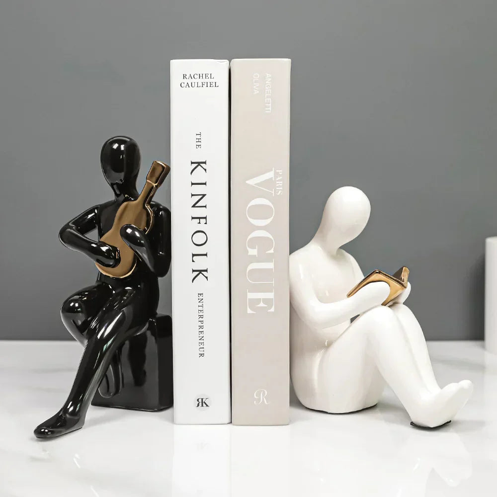 DecorBites™ Abstract Nordic Style Ceramic Character Bookends Set for Office Bookcase Decor