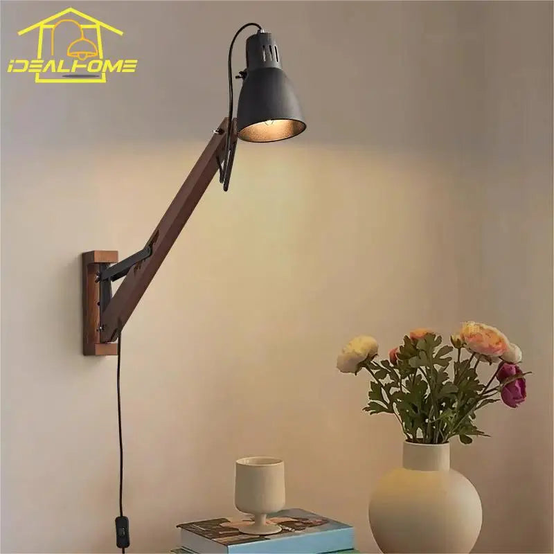DecorBites™ LED Long Pole Swing Arm Wall Lamp, Solid Wood, Adjustable, Industrial Designer