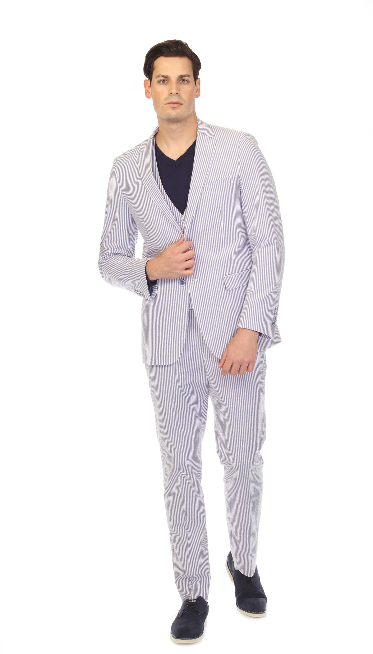 Men's Slim Fit Two Button Blue Seersucker Suit