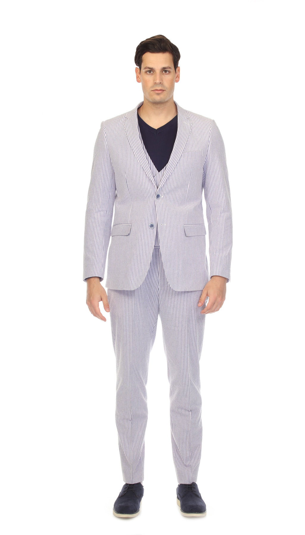 Men's Regular Fit Two Button Blue Seersucker Suit
