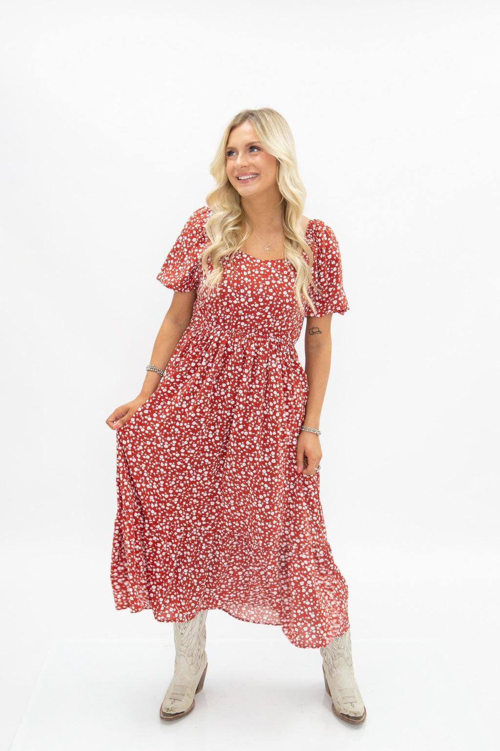 Puff Sleeve Midi Dress, Red Floral
