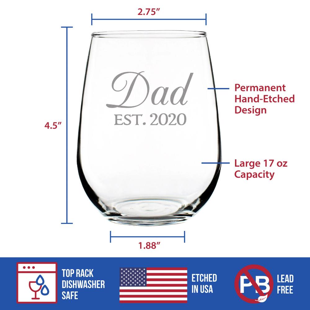 Dad Est. 2020 - 17 Ounce Stemless Wine Glass