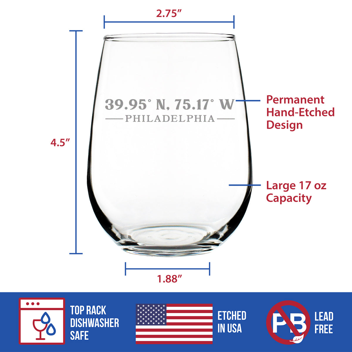Philadelphia Coordinates - 17 Ounce Stemless Wine Glass