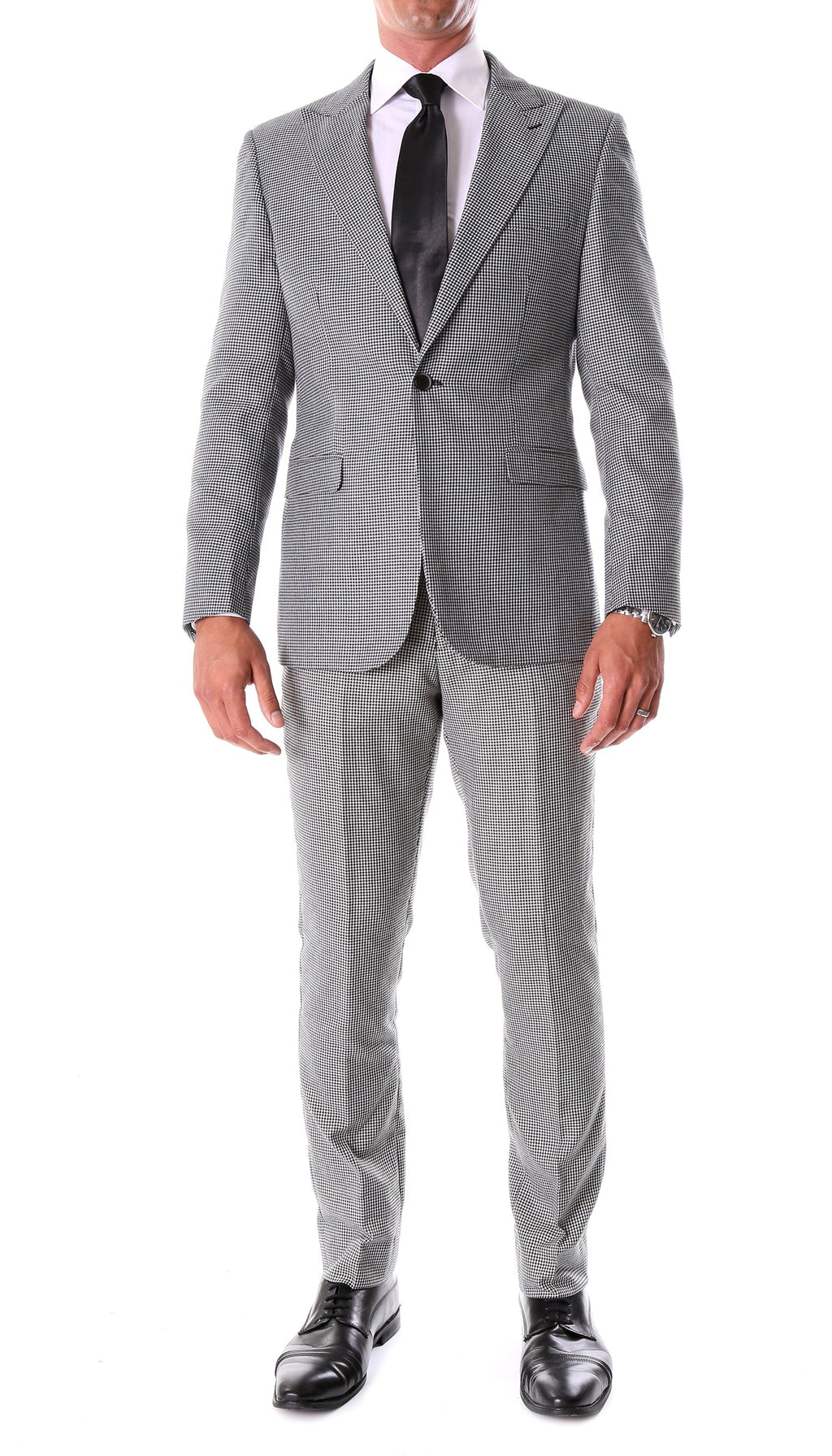 Stanford Men's Black & White Houndstooth Suit — Slim Fit 2 Piece Peak Lapel