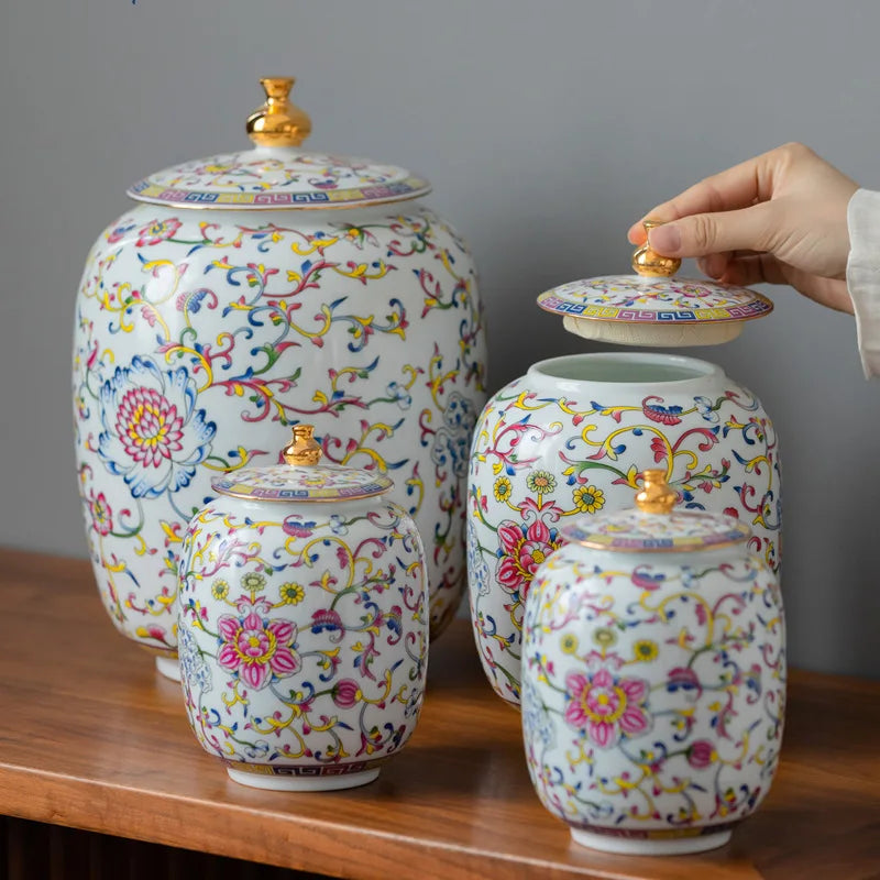 DecorBites™ Enamelled Porcelain Tea Caddy Ginger Jar - Desktop Storage Container