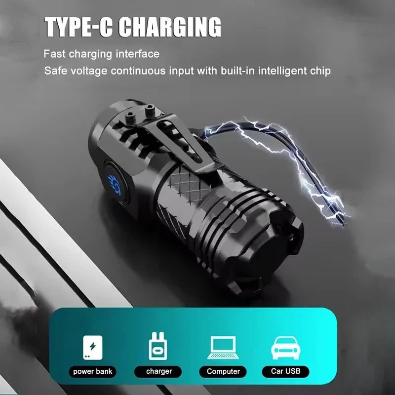 Mini Tactical Torch Super Bright 3 LED Flashlight | Type-C Rechargeable Camping Light