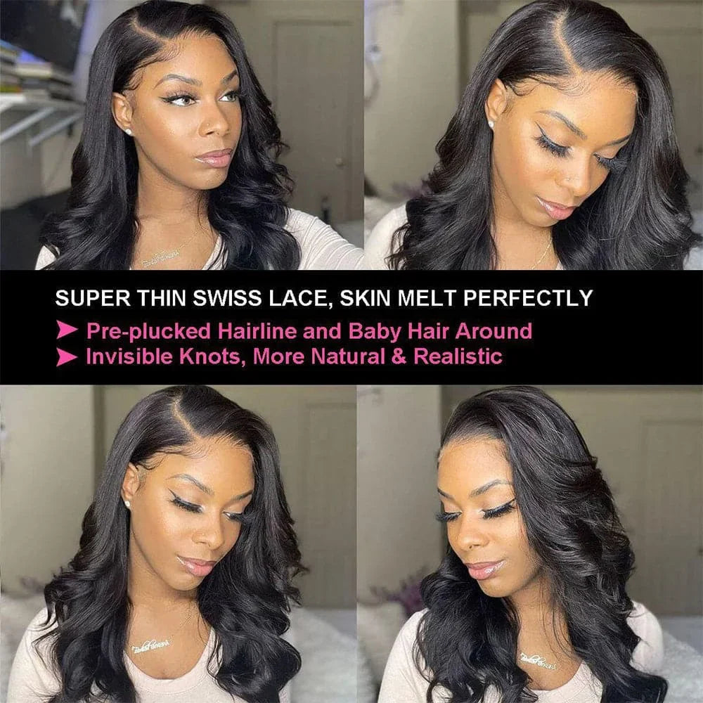 Natural Black Body Wave Remy Human Hair Wigs Lace Front Wig Pre Plucked Hairline 180% Density HD Transparent Lace Frontal Wig