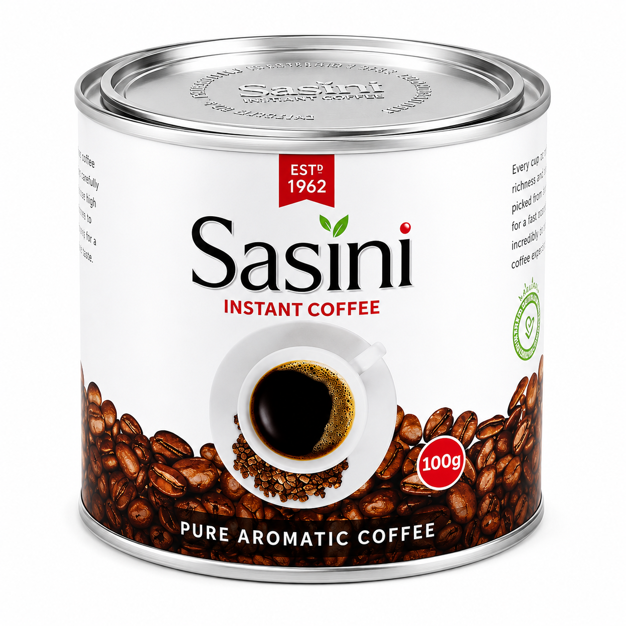 Sasini 100g Kenyan instant coffee in a classic metal tin featuring Pure Aromatic Coffee, roasted coffee beans, black coffee cup, silver lid and Sasini ESTD 1962 branding from World Safari Shops