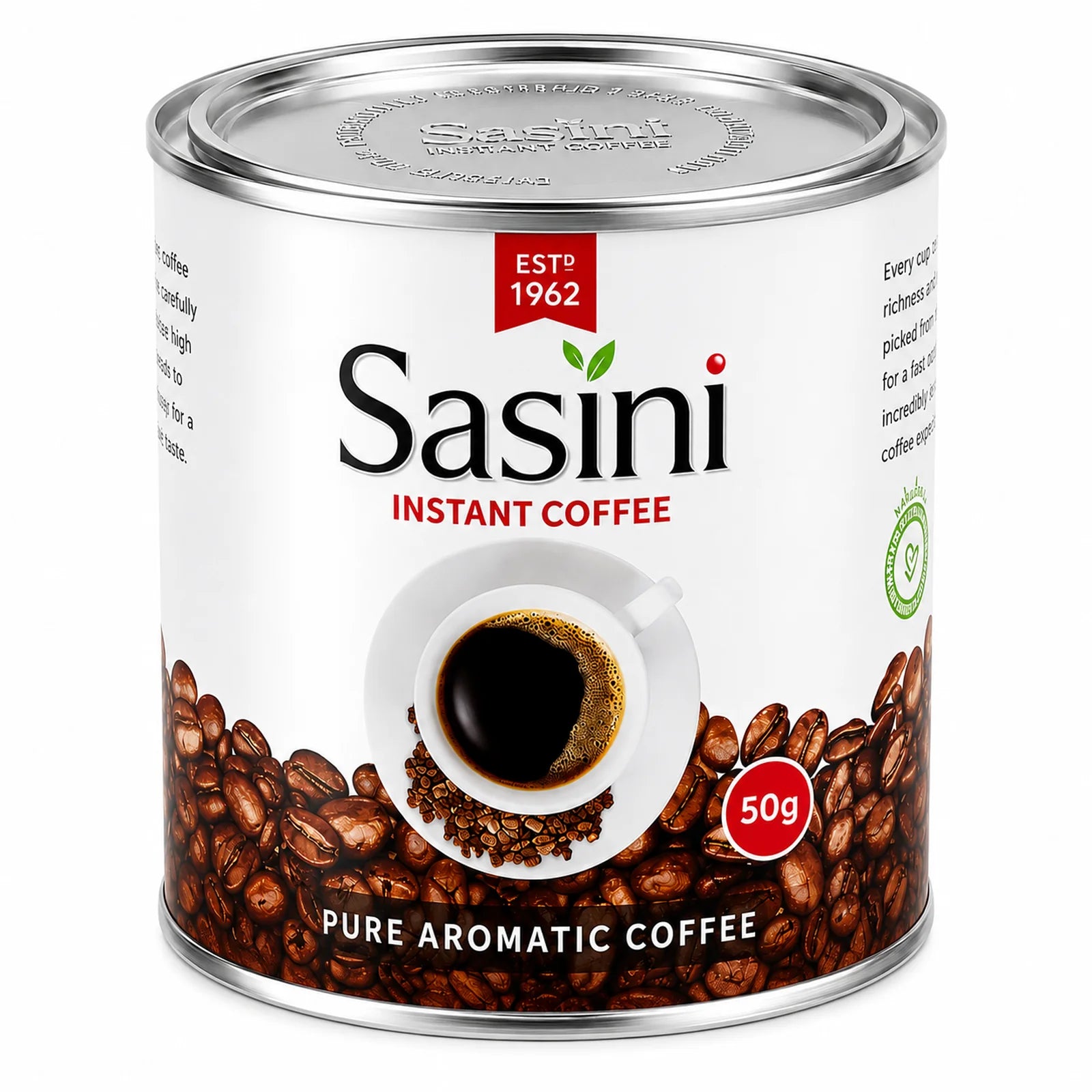 Sasini Instant Coffee 50g Pure Aromatic Coffee, Kenyan instant coffee in a cylindrical metal tin with Sasini branding, roasted coffee beans, black coffee cup and silver lid from World Safari Shops