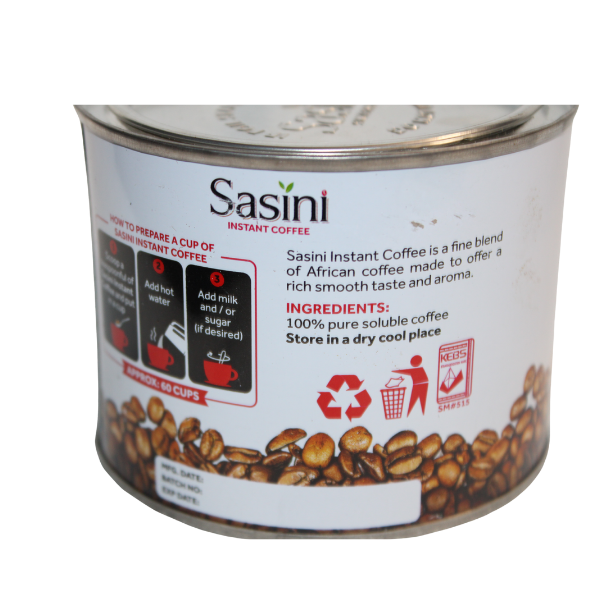 Sasini Instant Coffee 50g front package angled view ingredients