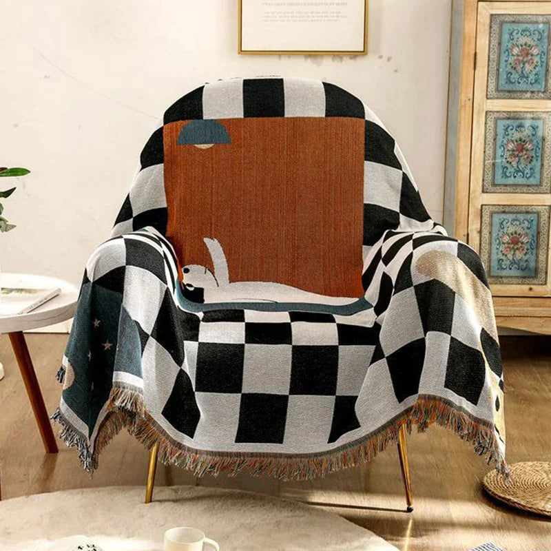 DecorBites™ Cozy Plaid Wool Blend Crochet Checkerboard Blanket