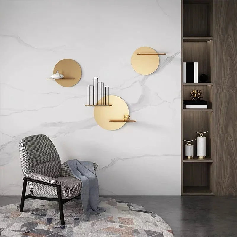 DecorBites™ Gold Metal Round Wall Storage Shelf with Hooks