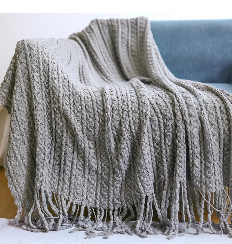 DecorBites™ Geometric Knit Sofa Blanket with Tassels