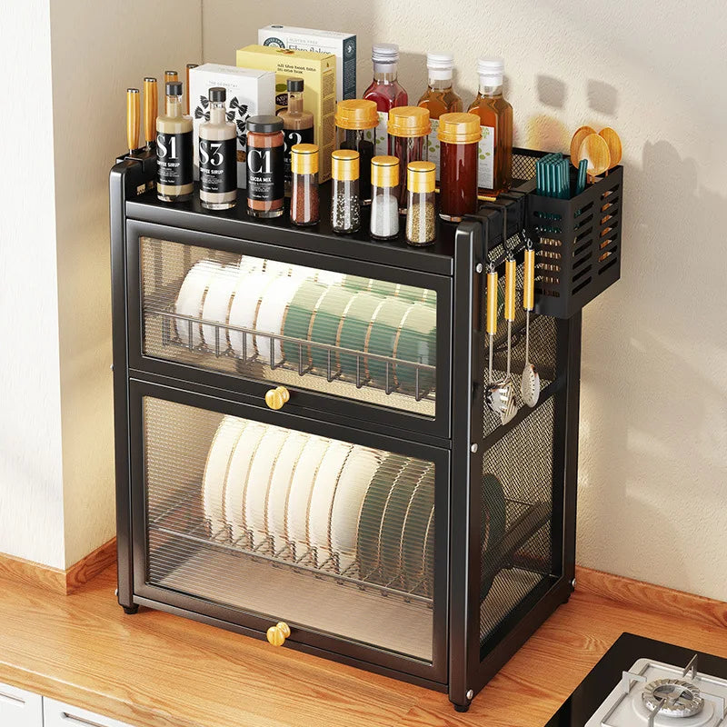 DecorBites™ Double-layer Kitchen Dish Drying Rack with Chopstick Cage and Tableware Basket