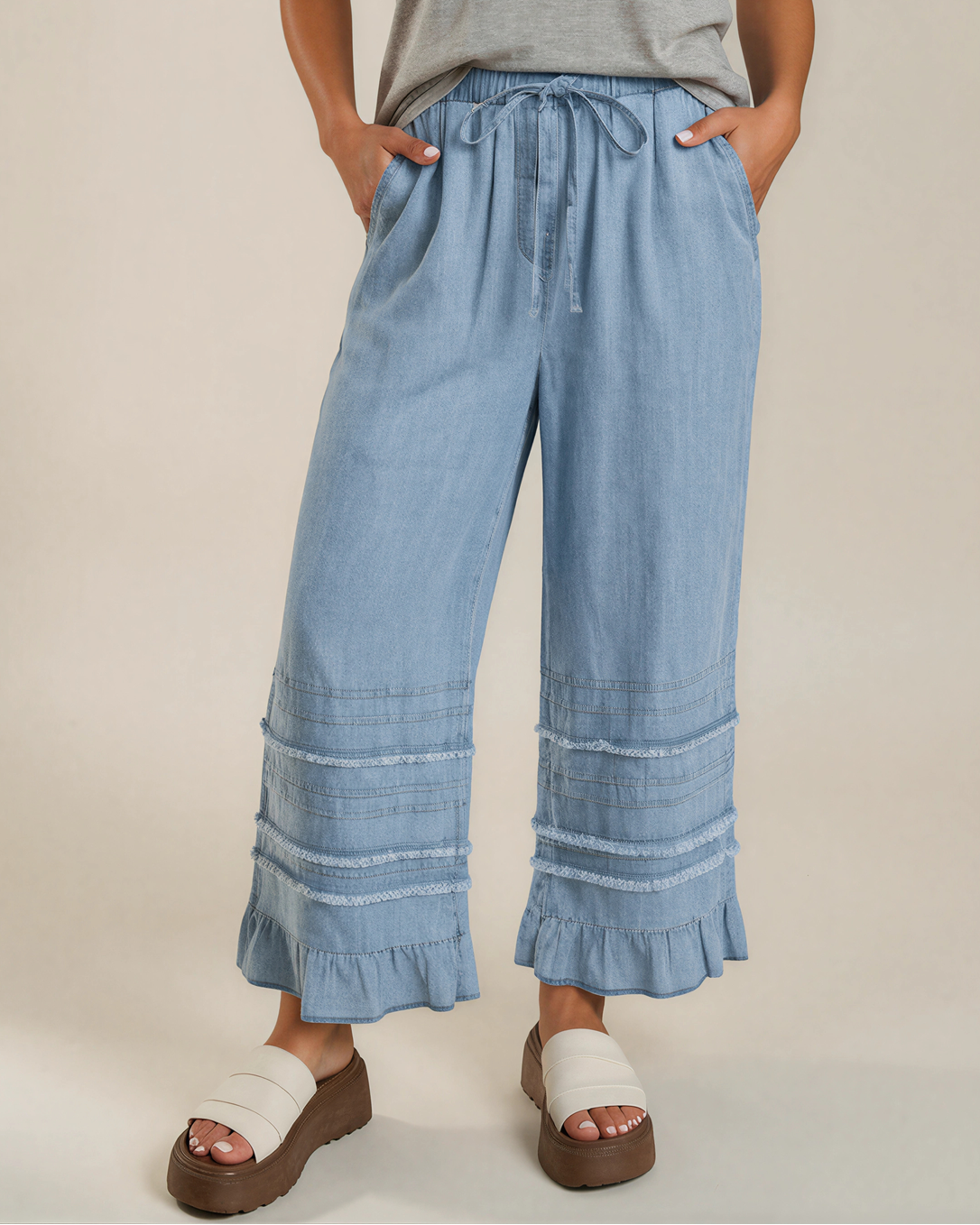Frankie Ruffled Hem Wide Leg Chambray Pants