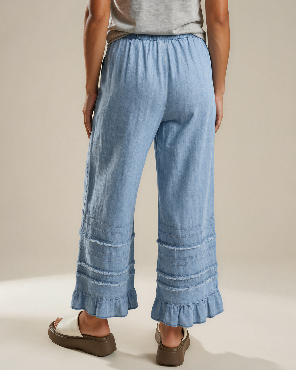 Frankie Ruffled Hem Wide Leg Chambray Pants