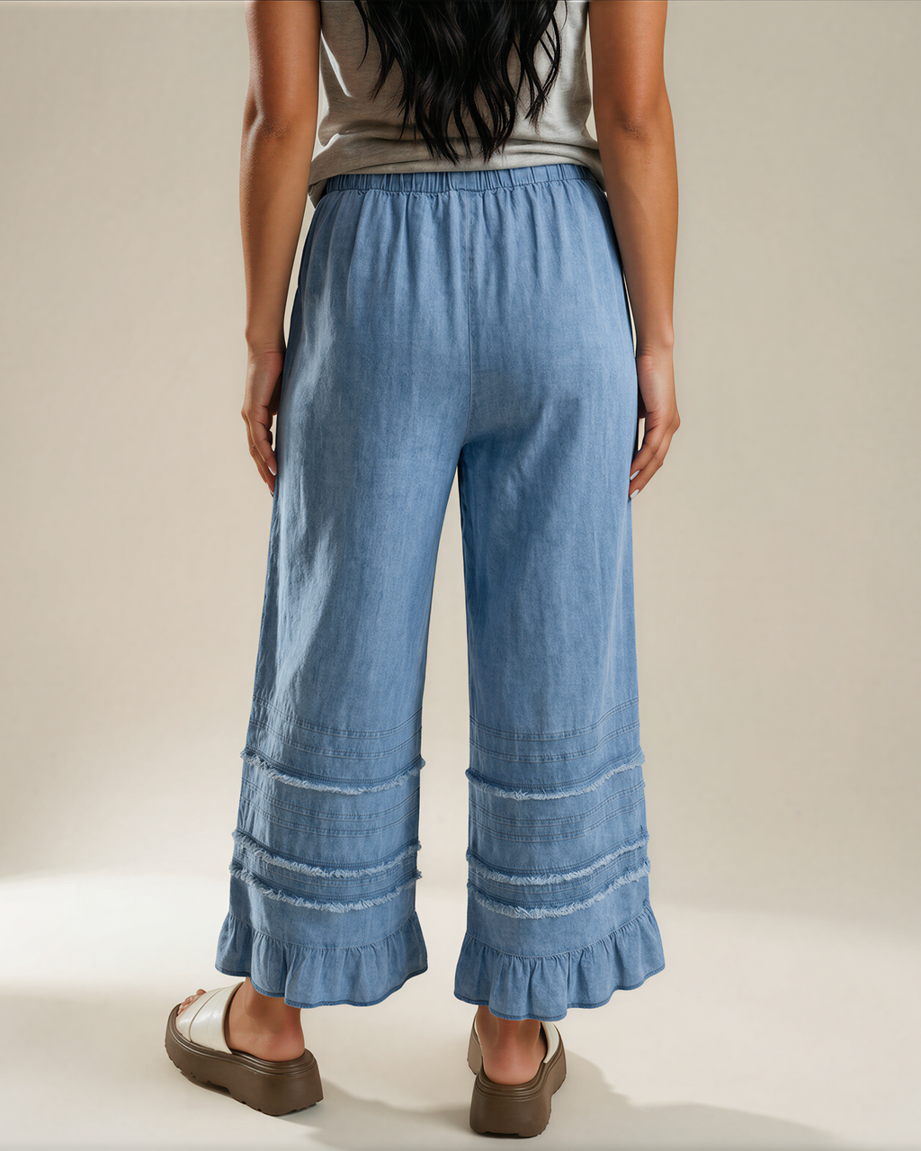 Frankie Ruffled Hem Wide Leg Chambray Pants